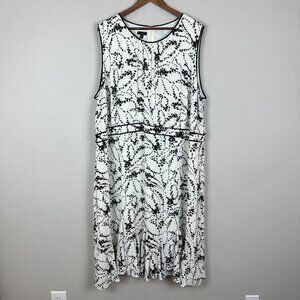Talbots Midi Dress Womens 22W Ivory‎ Black Floral Flounce Hem Sleeveless Lined